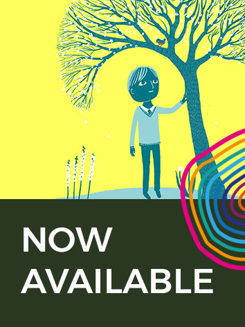 The illustration shows a child touching a tree. The text says 'Now available'.