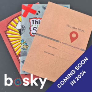 A stack of 3 books by E.B. Clarke, the top of which is 'You are here'. The bosky logo is bottom left and in the bottom right hand corner the text says 'Coming soon in 2024'