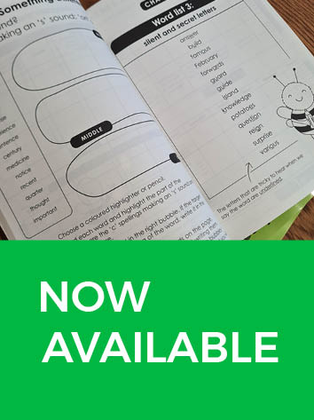 A photo of an open spelling workbook. Underneath there is a green rectangle with white text saying 'NOW AVAILABLE'