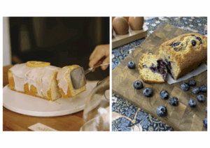 Two cake loaves: one with icing on the top and the other with blueberries baked into the centre.
