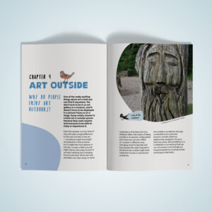 A double page from Where we live is creative. The chapter title is 'Art Outside' and on the right hand side there is an image of a wooden sculpture of a face from Chorley, Lancashire.