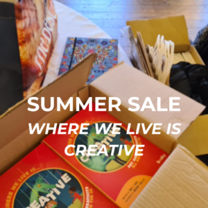 This image is of a box of books, 'Where we live is creative' by Emily Shore and illustrated by Marion Lindsay. The text says 'SUMMER SALE, Where we live is creative'